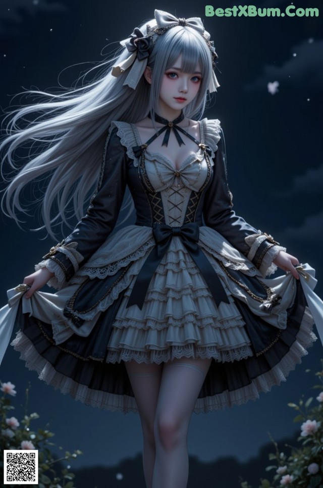 A woman in a black and white dress standing in a field of flowers.