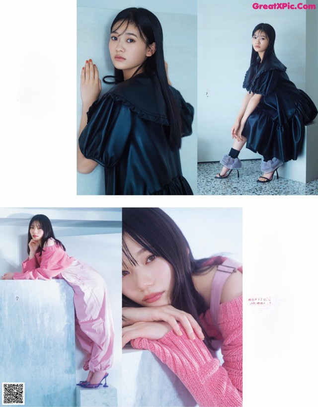 A magazine spread with a woman in a black dress and pink sweater.