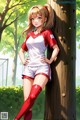 A girl in a red and white soccer uniform leaning against a tree.